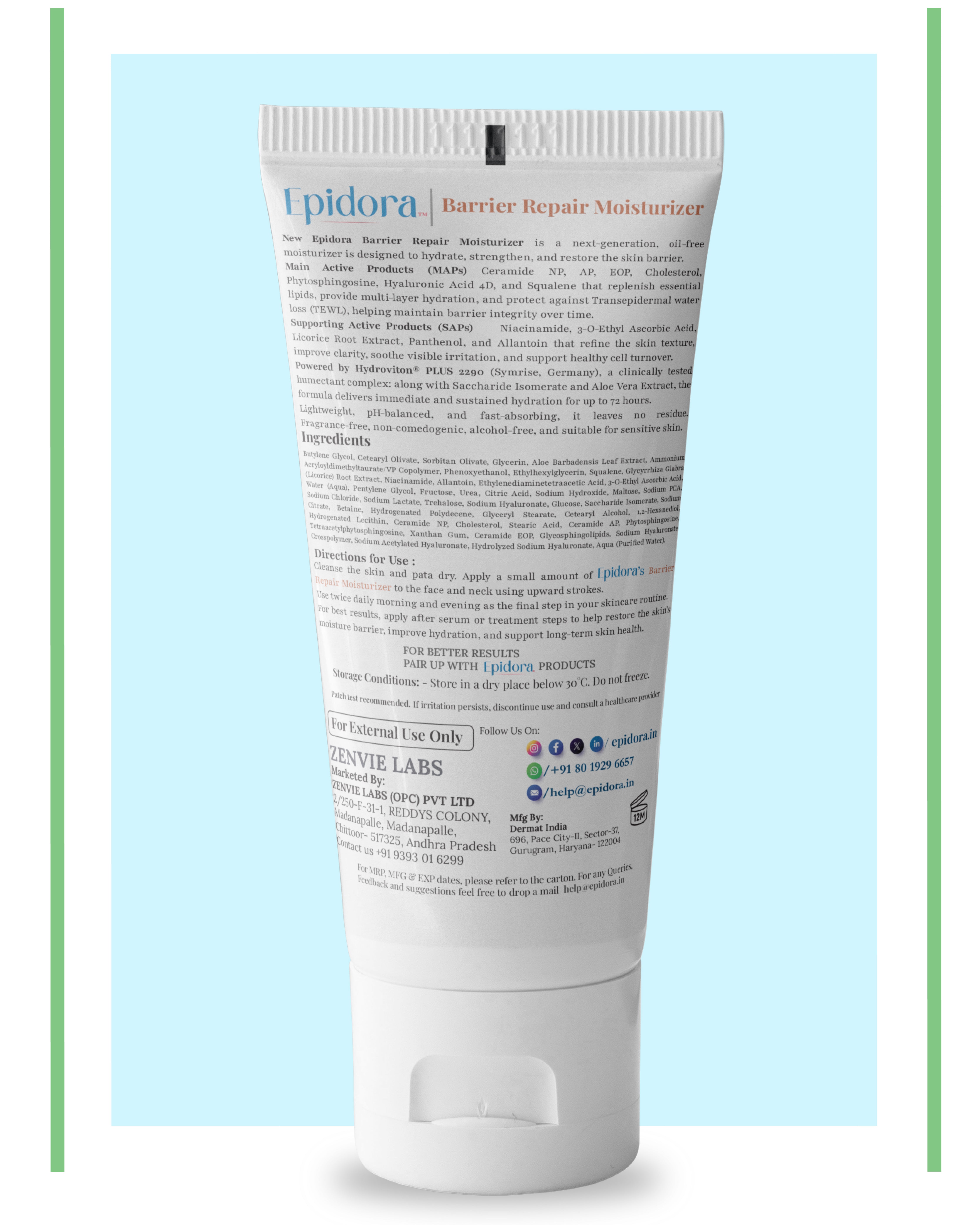 Epidora Barrier Repair Moisturiser with Ceramide Complex, Hyaluronic Acid, Multivitamin and Glycolic Acid.